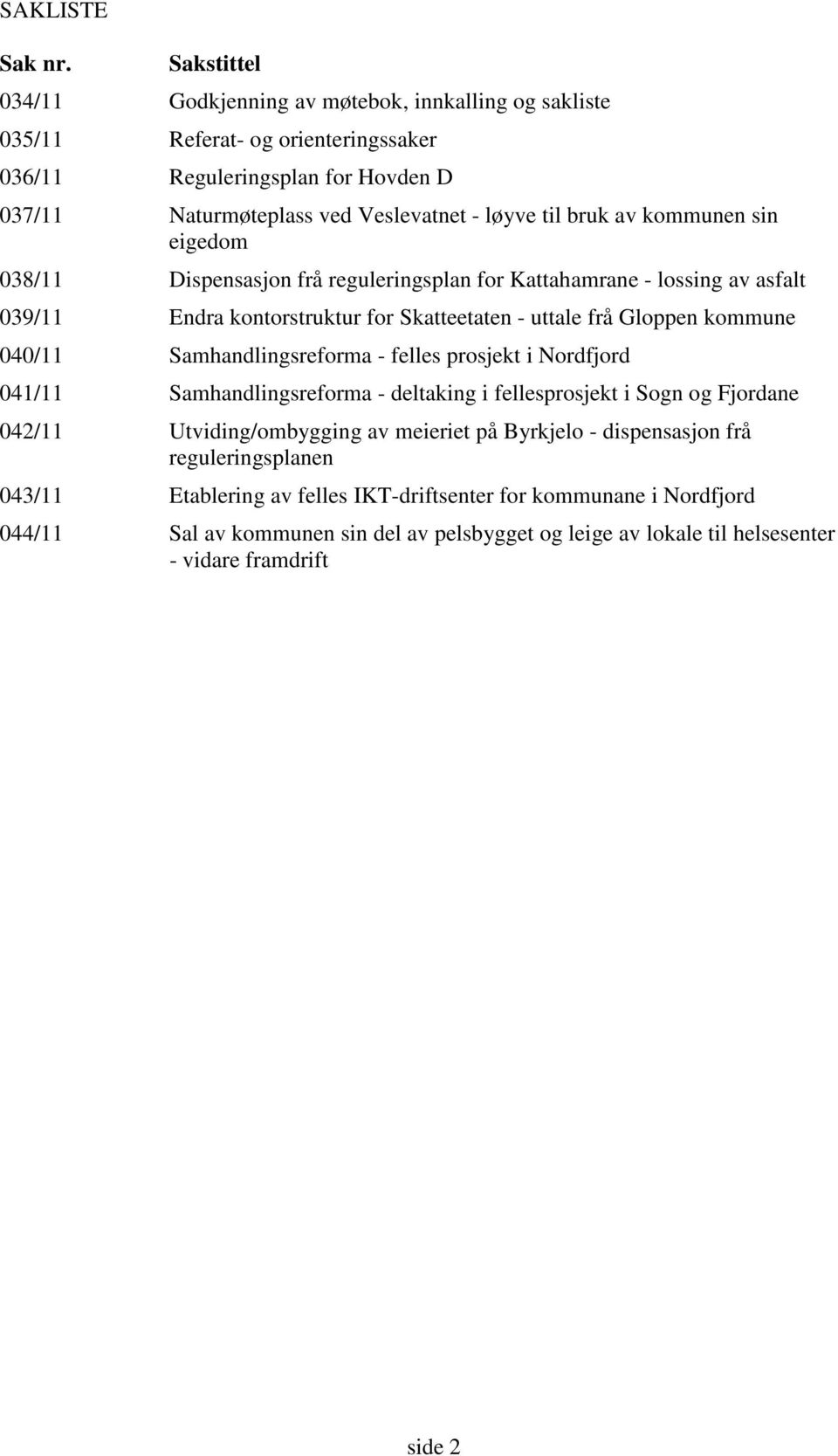 av kommunen sin eigedom 038/11 Dispensasjon frå reguleringsplan for Kattahamrane - lossing av asfalt 039/11 Endra kontorstruktur for Skatteetaten - uttale frå Gloppen kommune 040/11