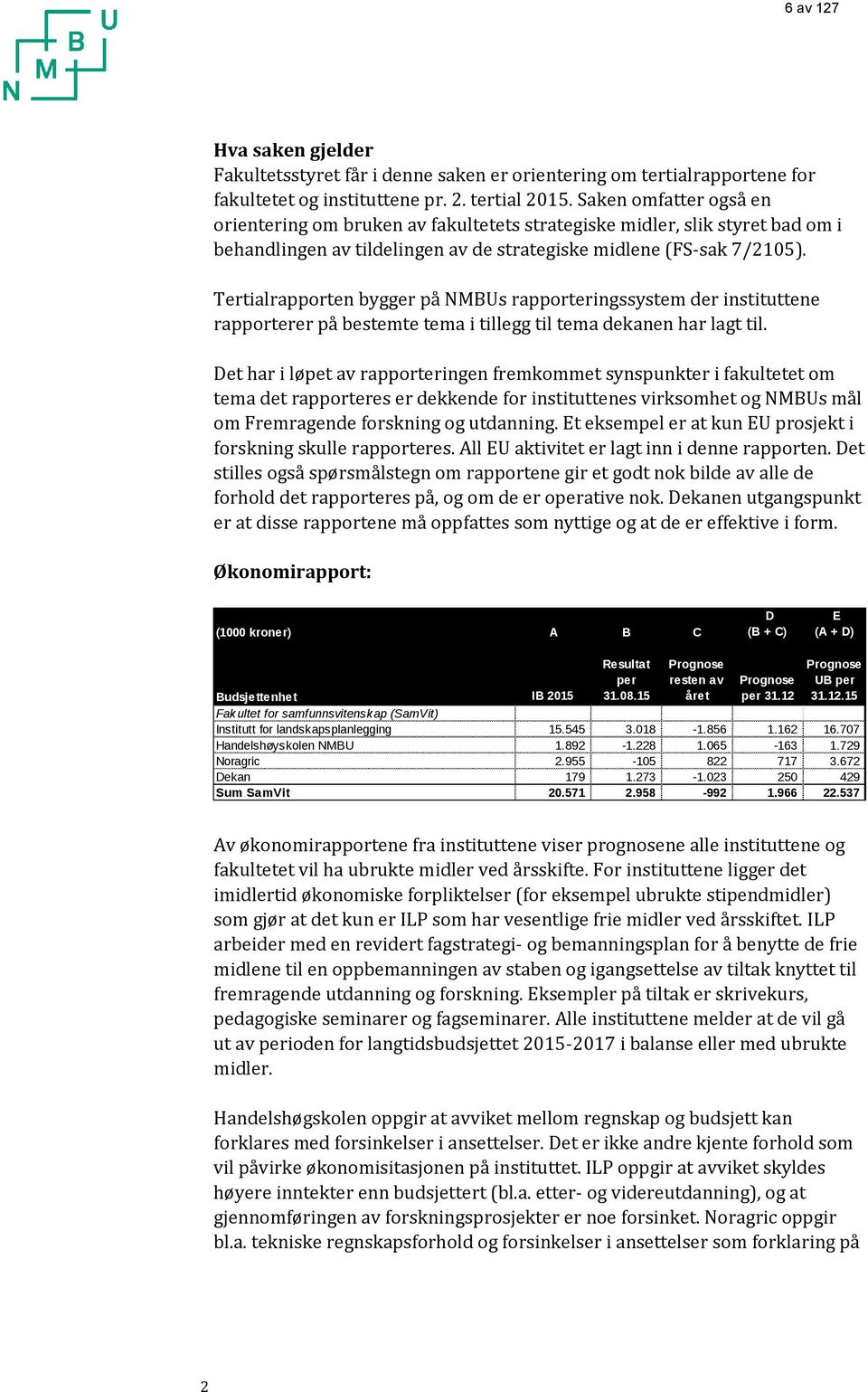 Tertialrapporten bygger på NMBUs rapporteringssystem der instituttene rapporterer på bestemte tema i tillegg til tema dekanen har lagt til.