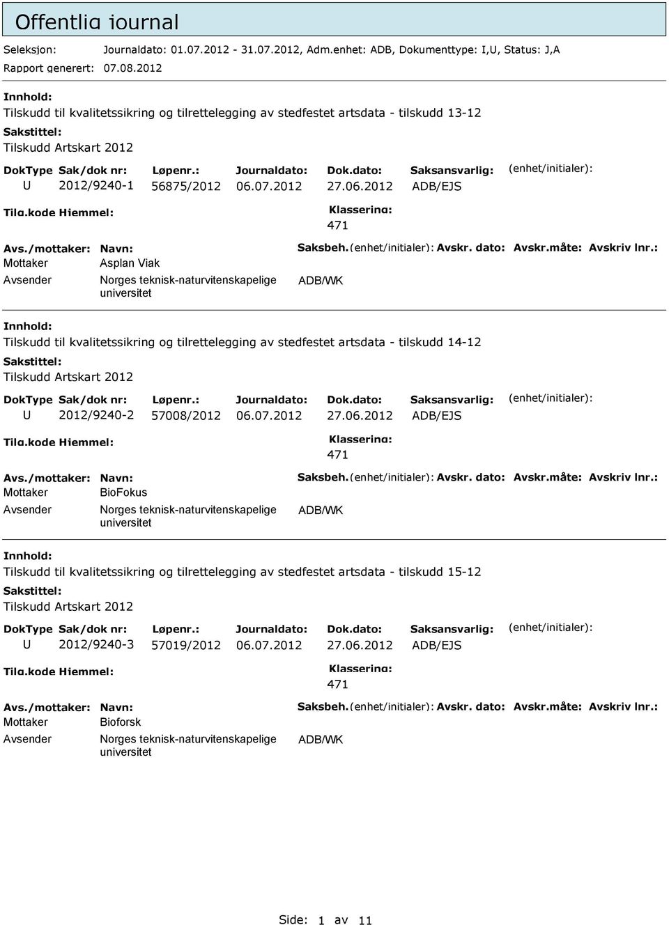 Viak Tilskudd til kvalitetssikring og tilrettelegging av stedfestet artsdata - tilskudd 14-12 2012/9240-2 57008/2012 BioFokus