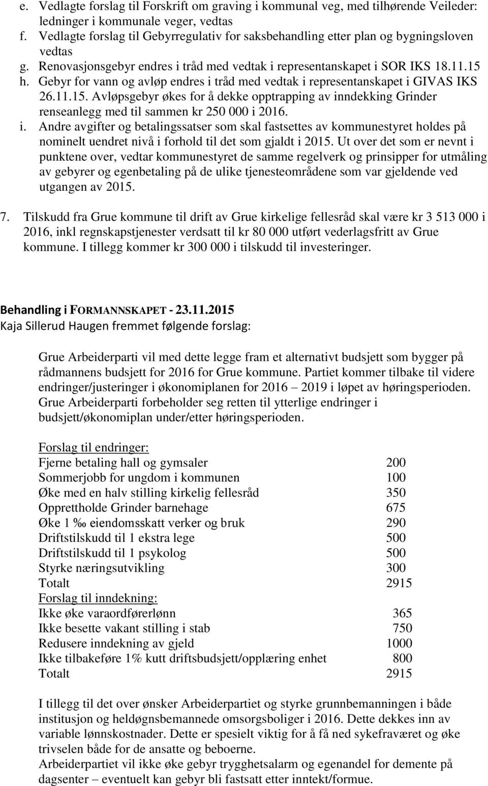 Gebyr for vann og avløp endres i tråd med vedtak i representanskapet i GIVAS IKS 26.11.15. Avløpsgebyr økes for å dekke opptrapping av inndekking Grinder renseanlegg med til sammen kr 250 000 i 2016.