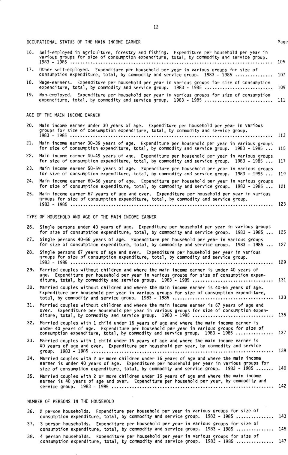 Expenditure per household per year in various groups for size of consumption expenditure, total, by commodity and service group. 1983-1985 107 18. Wage-earners.