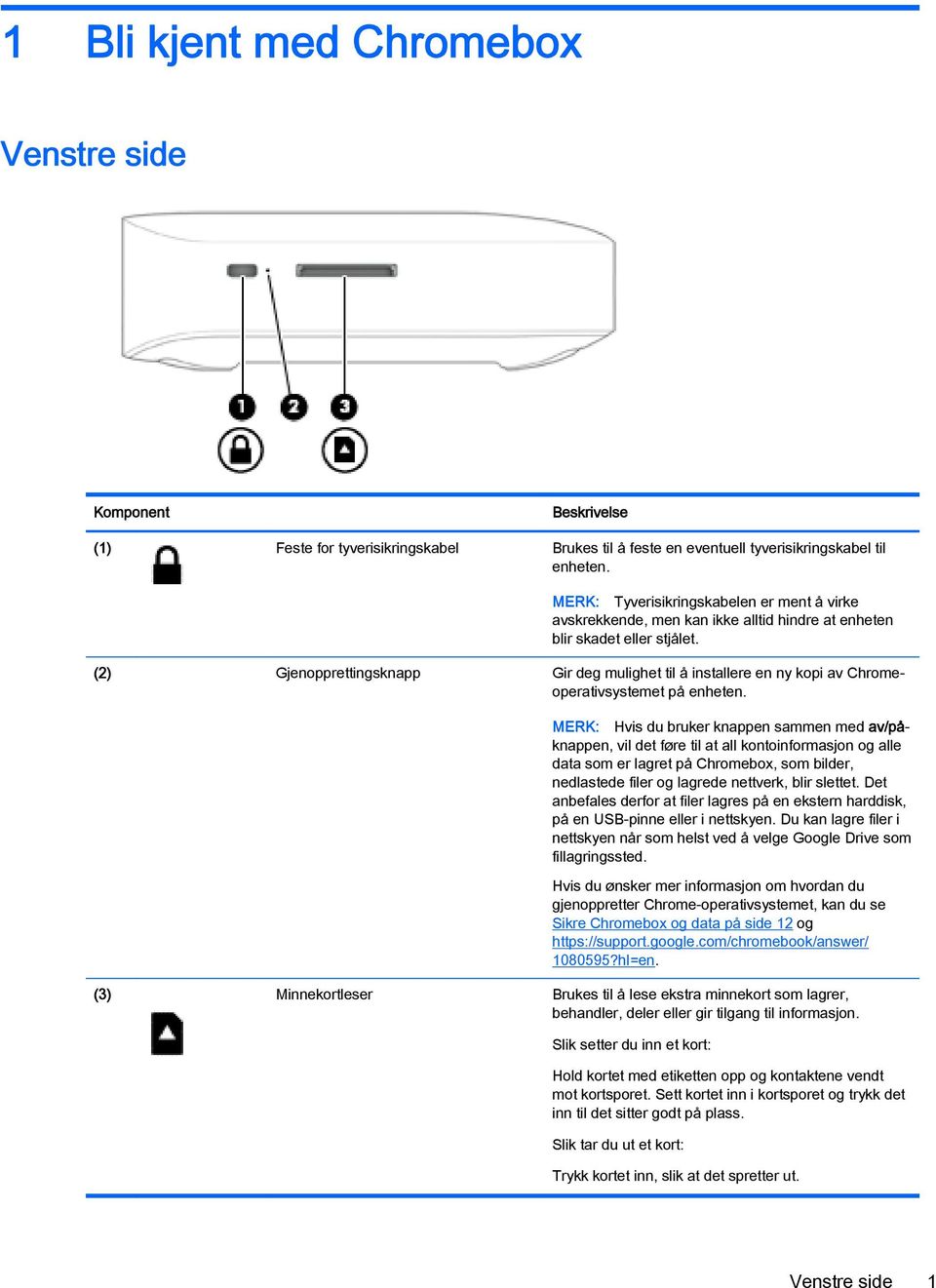 (2) Gjenopprettingsknapp Gir deg mulighet til å installere en ny kopi av Chromeoperativsystemet på enheten.