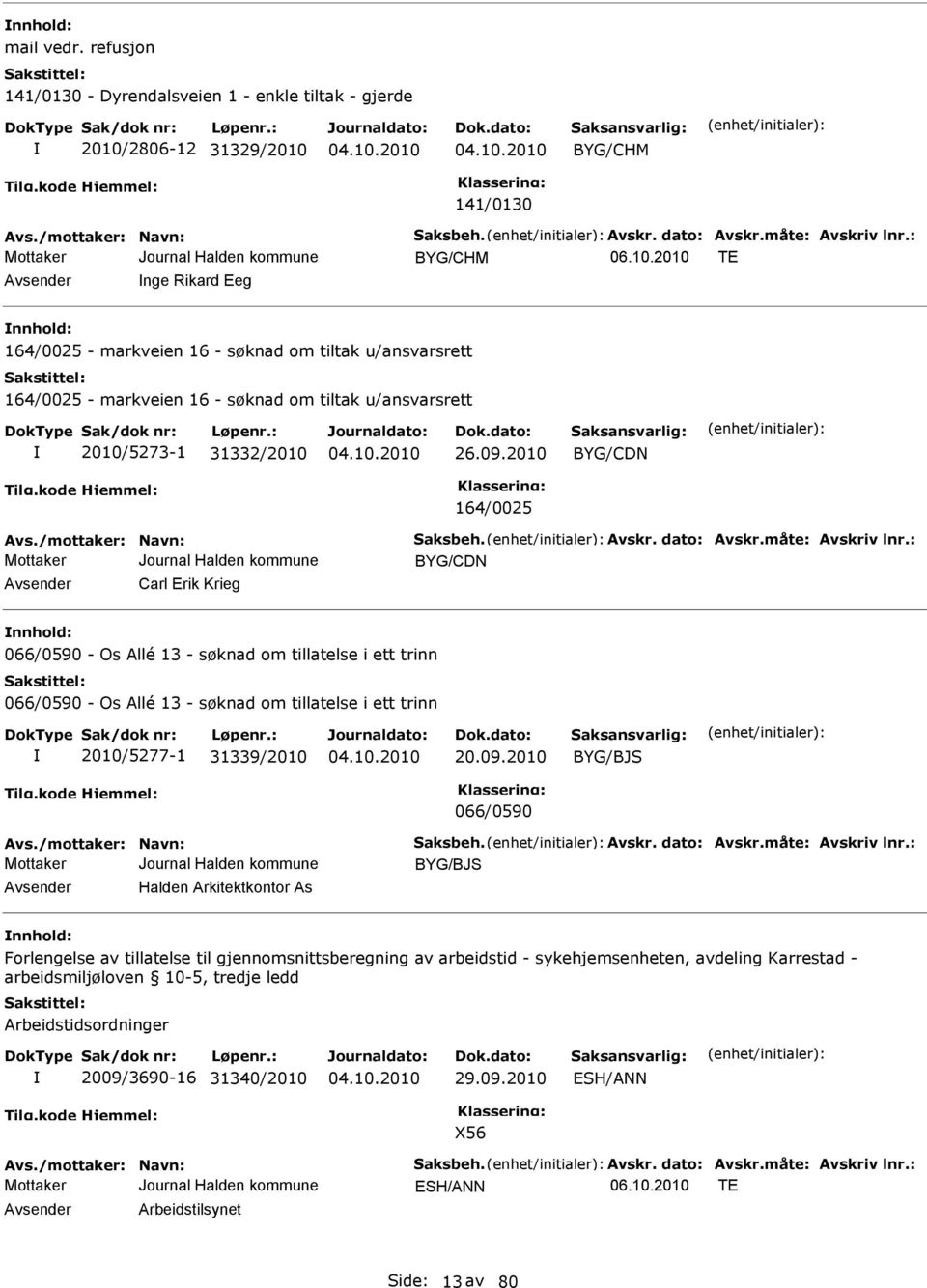 2010 BYG/CDN 164/0025 Avs./mottaker: Navn: aksbeh. Avskr. dato: Avskr.måte: Avskriv lnr.