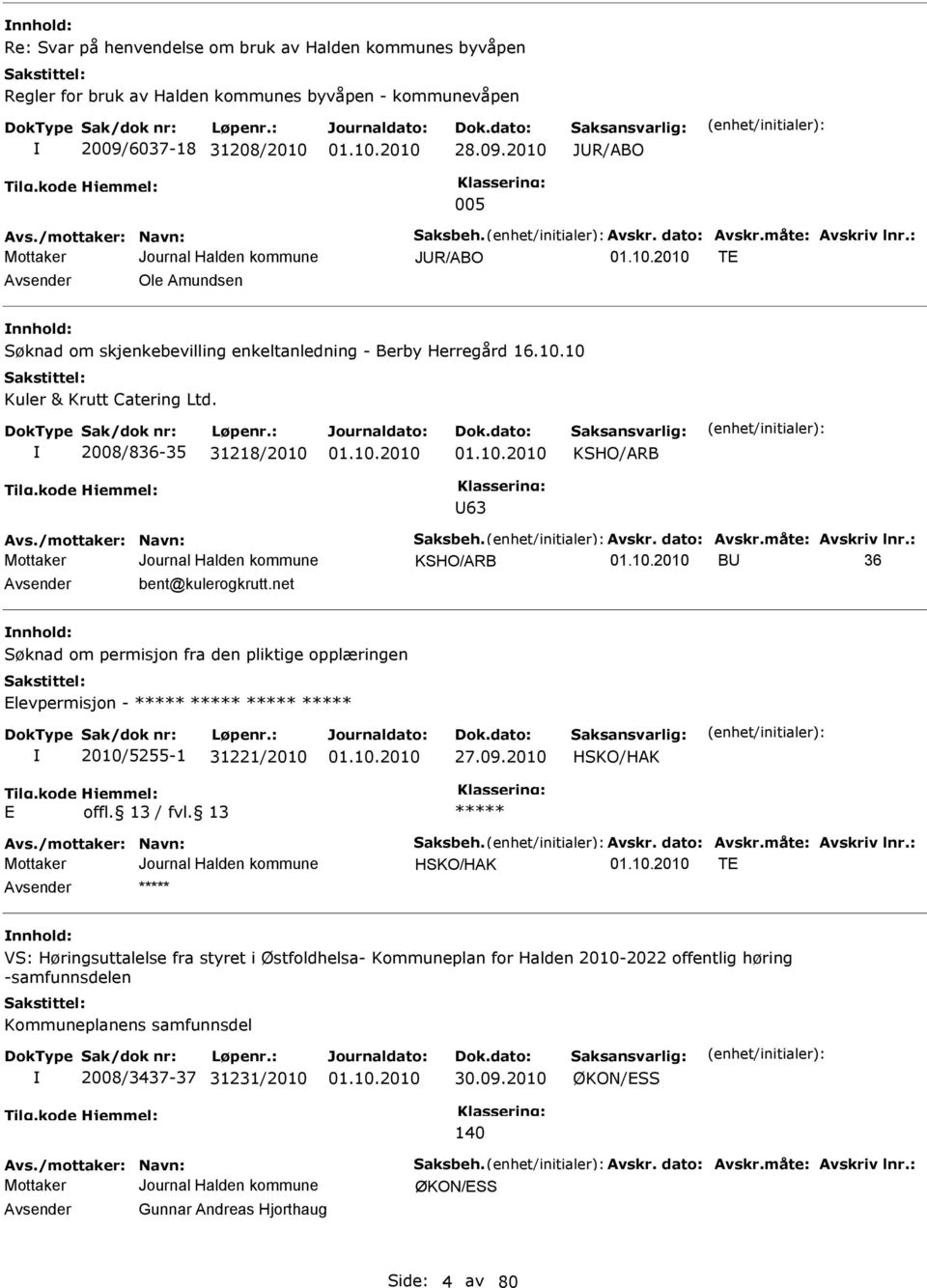 2008/836-35 31218/2010 KHO/ARB U63 Avs./mottaker: Navn: aksbeh. Avskr. dato: Avskr.måte: Avskriv lnr.: KHO/ARB BU 36 Avsender bent@kulerogkrutt.