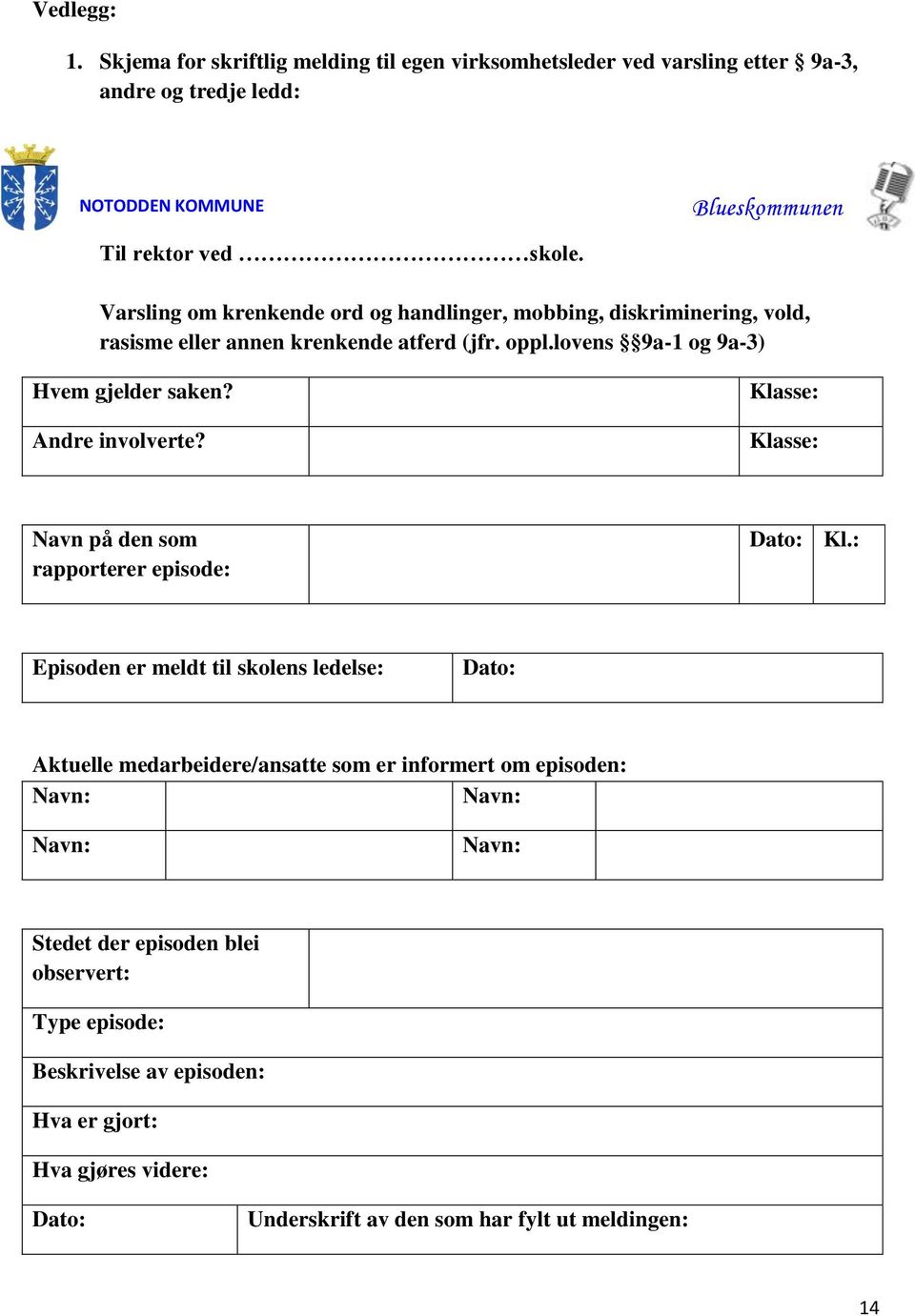 Andre involverte? Klasse: Klasse: Navn på den som rapporterer episode: Dato: Kl.