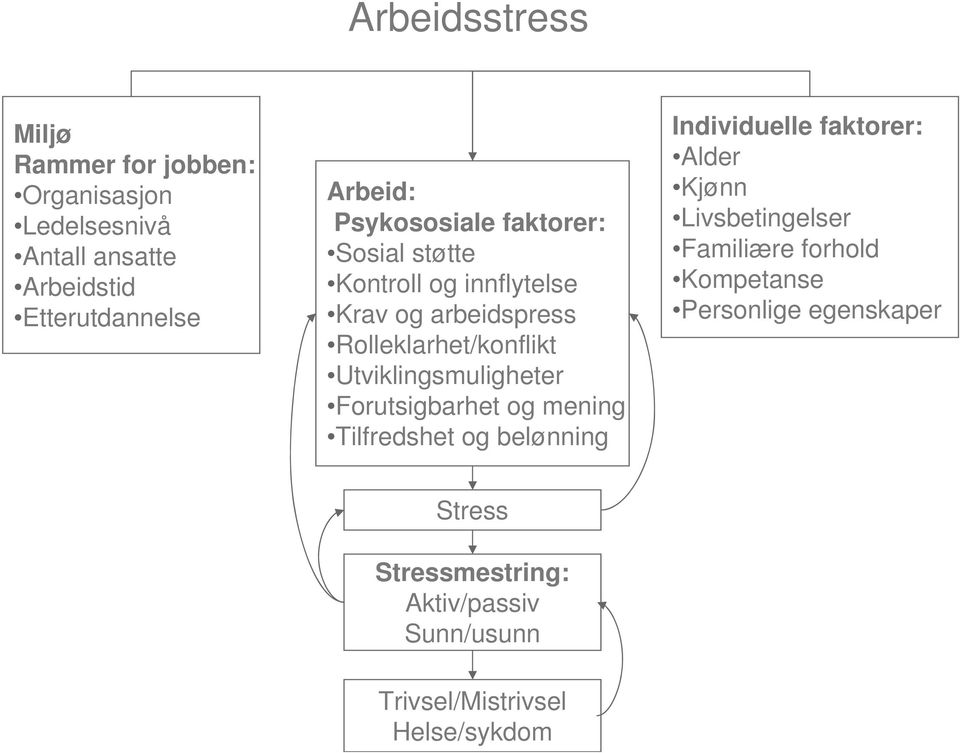 Utviklingsmuligheter Forutsigbarhet og mening Tilfredshet og belønning Individuelle faktorer: Alder Kjønn