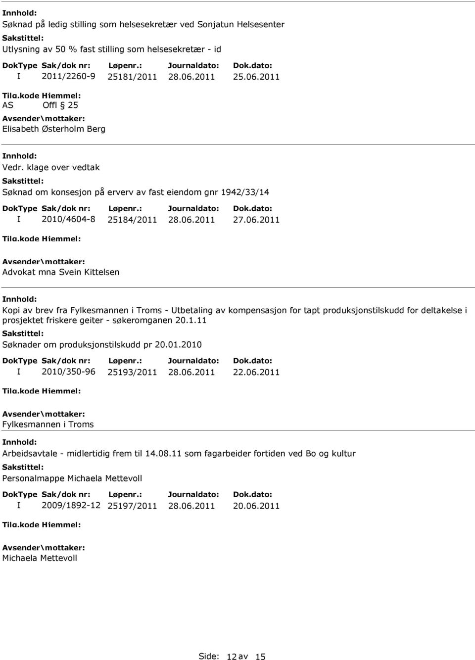 kompensasjon for tapt produksjonstilskudd for deltakelse i prosjektet friskere geiter - søkeromganen 20.1.11 Søknader om produksjonstilskudd pr 20.01.2010 2010/350-96 25193/2011 22.06.