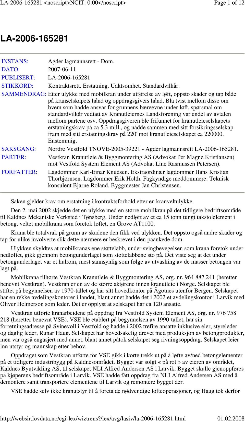 Bla tvist mellom disse om hvem som hadde ansvar for grunnens bæreevne under løft, spørsmål om standardvilkår vedtatt av Kranutleiernes Landsforening var endel av avtalen mellom partene osv.