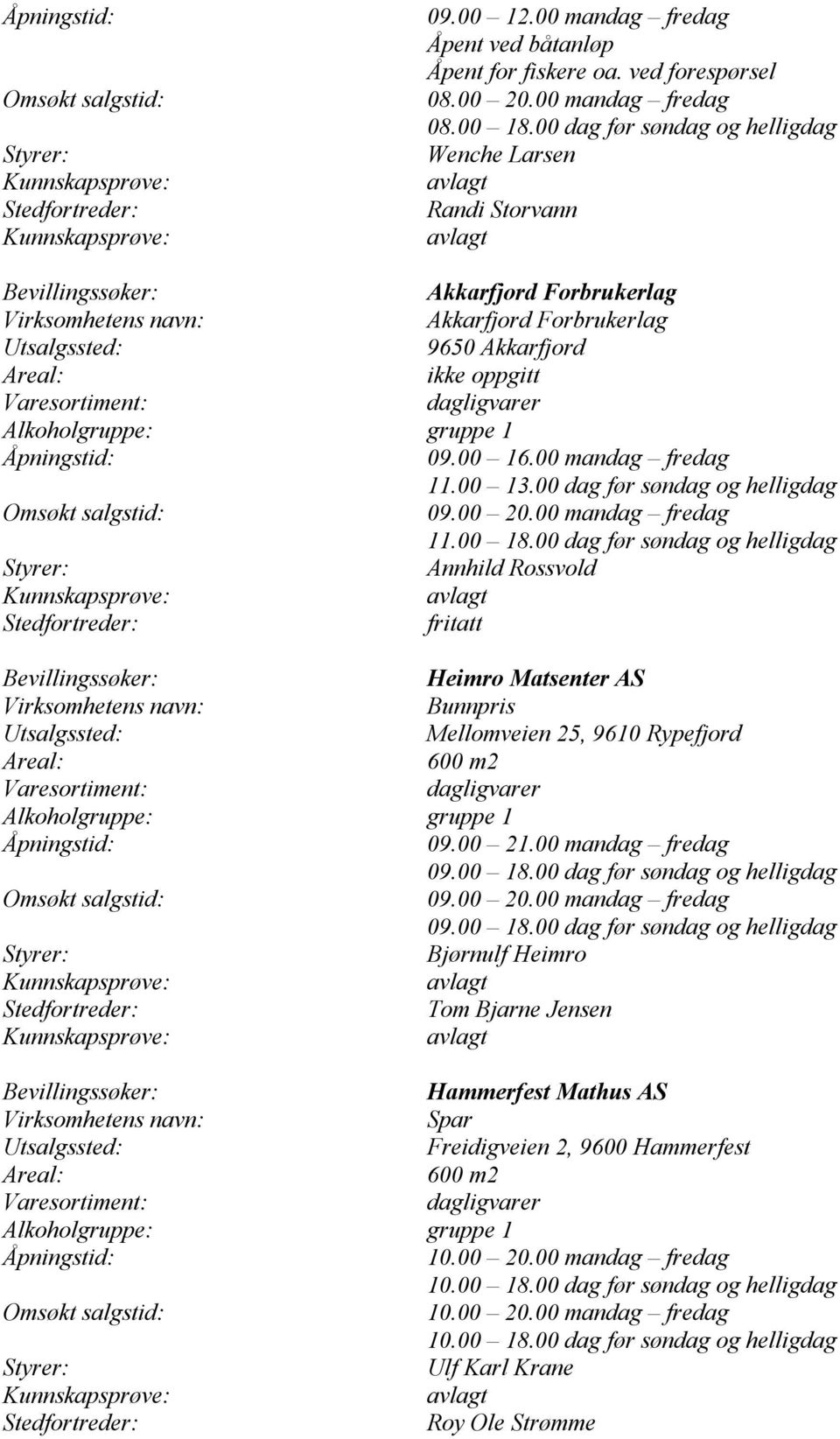 00 mandag fredag 11.00 18.00 dag før søndag og helligdag Annhild Rossvold fritatt Heimro Matsenter AS Bunnpris Mellomveien 25, 9610 Rypefjord 600 m2 09.00 21.00 mandag fredag 09.00 18.00 dag før søndag og helligdag 09.