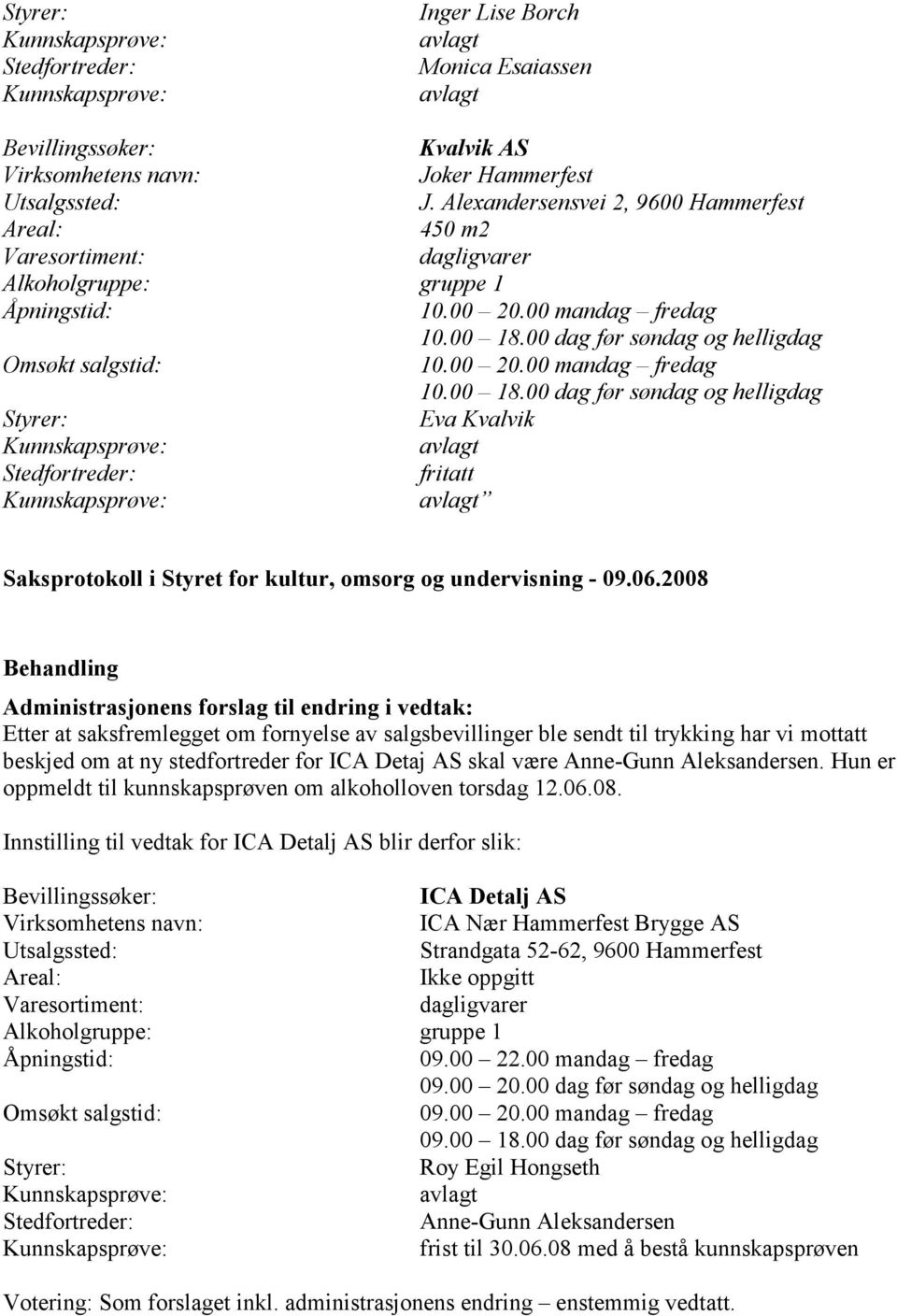 2008 Behandling Administrasjonens forslag til endring i vedtak: Etter at saksfremlegget om fornyelse av salgsbevillinger ble sendt til trykking har vi mottatt beskjed om at ny stedfortreder for ICA