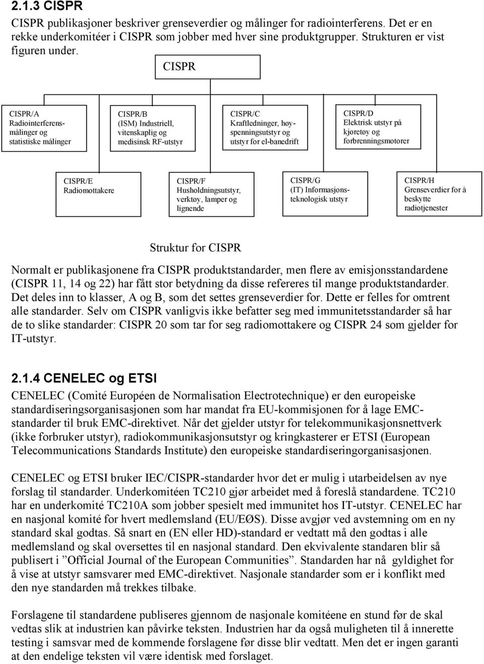 CISPR CISPR/A Radiointerferensmålinger og statistiske målinger CISPR/B (ISM) Industriell, vitenskaplig og medisinsk RF-utstyr CISPR/C Kraftledninger, høyspenningsutstyr og utstyr for el-banedrift