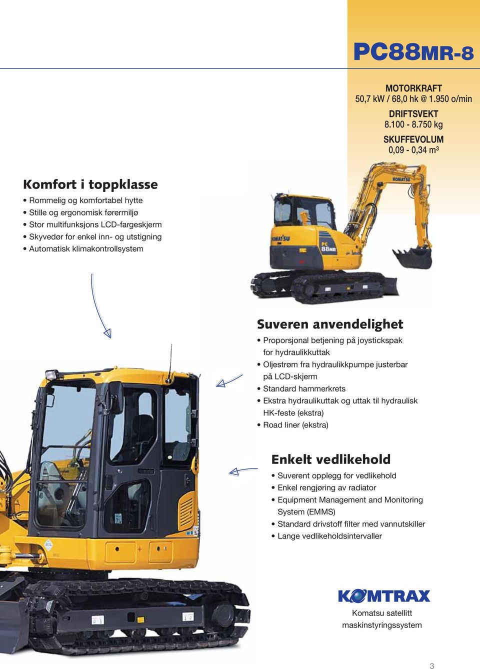 Automatisk klimakontrollsystem Suveren anvendelighet Proporsjonal betjening på joystickspak for hydraulikkuttak Oljestrøm fra hydraulikkpumpe justerbar på LCD-skjerm Standard hammerkrets Ekstra