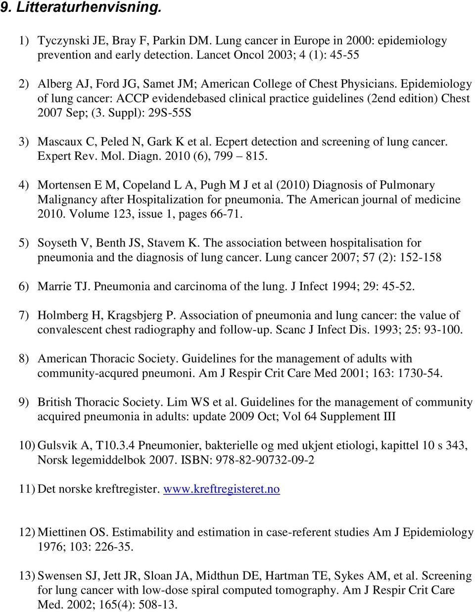 Epidemiology of lung cancer: ACCP evidendebased clinical practice guidelines (2end edition) Chest 2007 Sep; (3. Suppl): 29S-55S 3) Mascaux C, Peled N, Gark K et al.