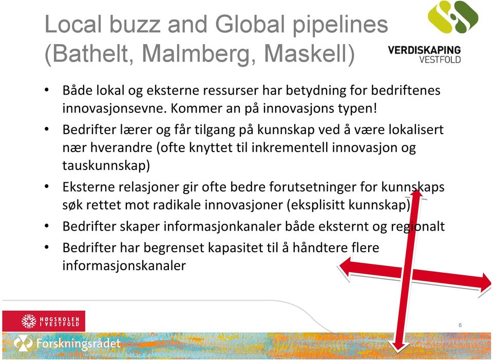 Bedrifter lærer og får tilgang på kunnskap ved å være lokalisert nær hverandre (ofte knyttet til inkrementell innovasjon og tauskunnskap)