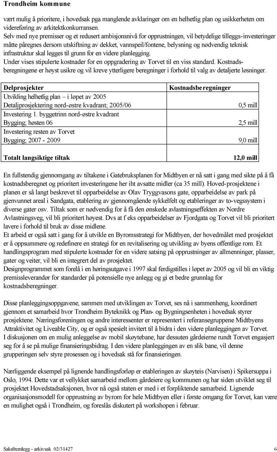 teknisk infrastruktur skal legges til grunn for en videre planlegging. Under vises stipulerte kostnader for en oppgradering av Torvet til en viss standard.