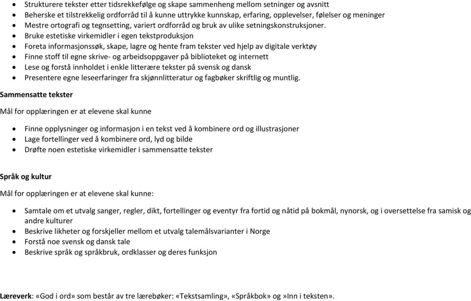 Bruke estetiske virkemidler i egen tekstproduksjon Foreta informasjonssøk, skape, lagre og hente fram tekster ved hjelp av digitale verktøy Finne stoff til egne skrive- og arbeidsoppgaver på