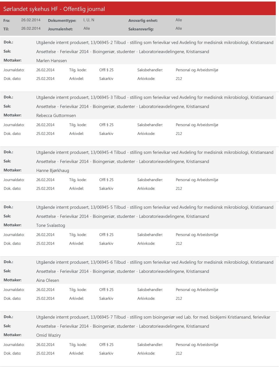 2014 Arkivdel: Sakarkiv Utgående internt produsert, 13/06945-3 Tilbud - stilling som ferievikar ved Avdeling for medisinsk mikrobiologi, Kristiansand Ansettelse - Ferievikar 2014 - Bioingeniør,