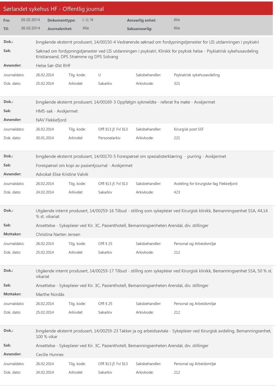 2014 Arkivdel: Sakarkiv Arkivkode: 321 Inngående eksternt produsert, 14/00169-3 Oppfølgin sykmeldte - referat fra møte - HMS-sak - NAV Flekkefjord Kirurgisk post SSF Dok. dato: 30.01.2014 Arkivdel: