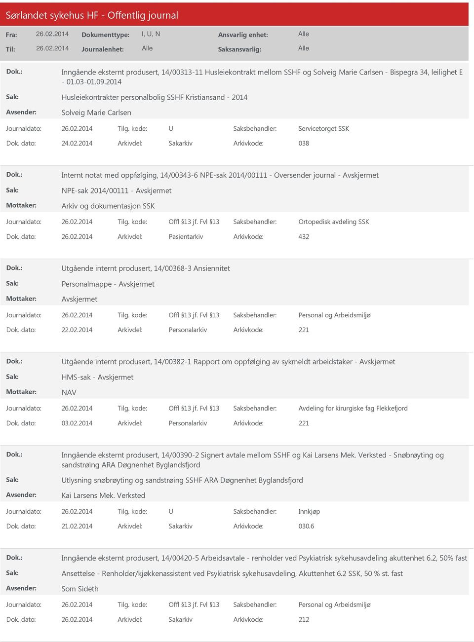 2014 Arkivdel: Sakarkiv Arkivkode: 038 Internt notat med oppfølging, 14/00343-6 NPE-sak 2014/00111 - Oversender journal - NPE-sak 2014/00111 - Ortopedisk avdeling SSK Dok.