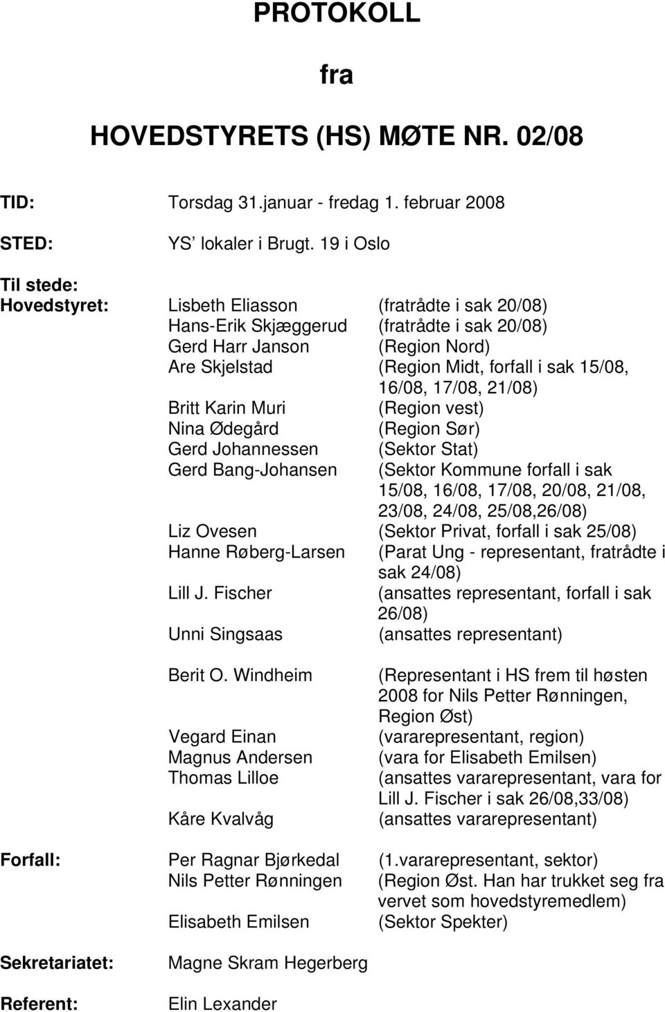 16/08, 17/08, 21/08) Britt Karin Muri (Region vest) Nina Ødegård (Region Sør) Gerd Johannessen (Sektor Stat) Gerd Bang-Johansen (Sektor Kommune forfall i sak 15/08, 16/08, 17/08, 20/08, 21/08, 23/08,