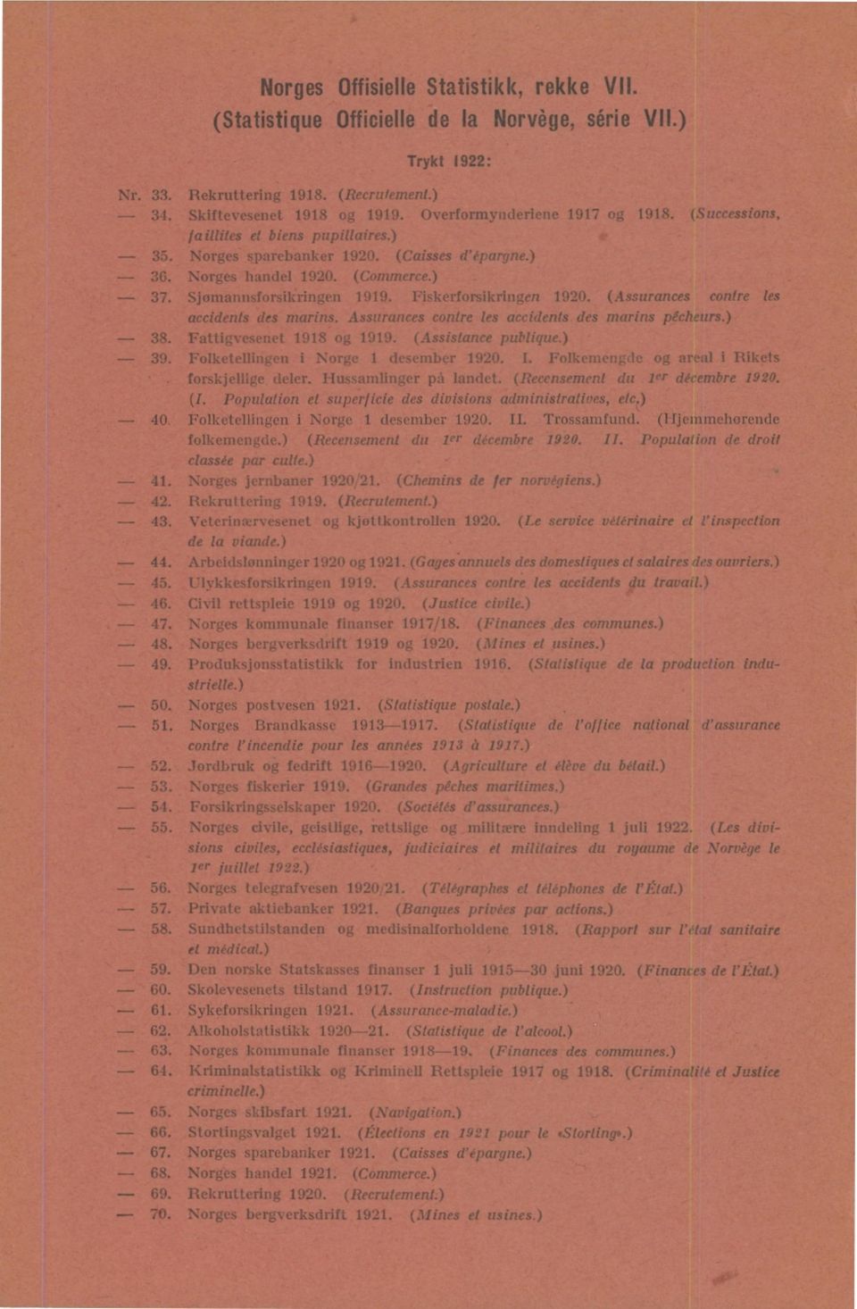 Fiskerforsikringen 1920. (Assurances contre les accidents des marins. Assurances contre les accidents des marins pêcheurs.) 38. Fattigvesenet 1918 og 1919. (Assistance publique.) 39.