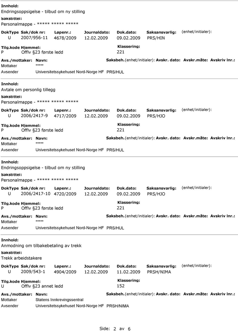 2009 RS/HJO niversitetssykehuset Nord-Norge HF RS/HL Endringsoppsigelse - tilbud om ny stilling ersonalmappe - ***** ***** ***** 2006/2417-10 4720/2009 09.02.