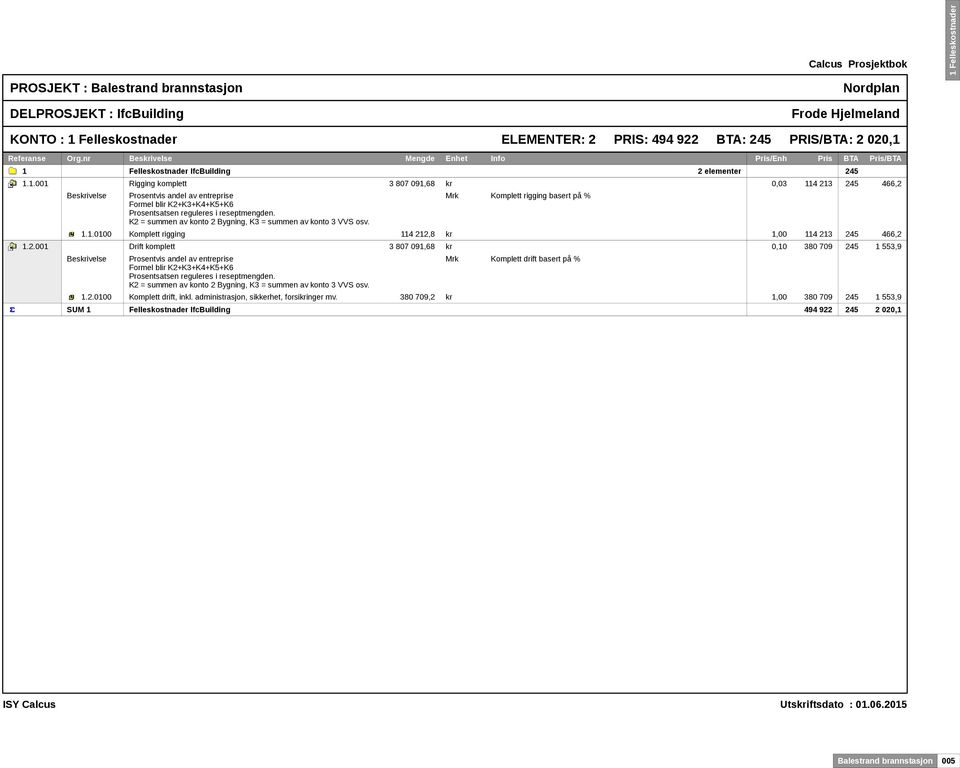 K2 = summen av konto 2 Bygning, K3 = summen av konto 3 VVS osv. Mrk Komplett drift basert på % 1.2.0100 Komplett drift, inkl. administrasjon, sikkerhet, forsikringer mv.