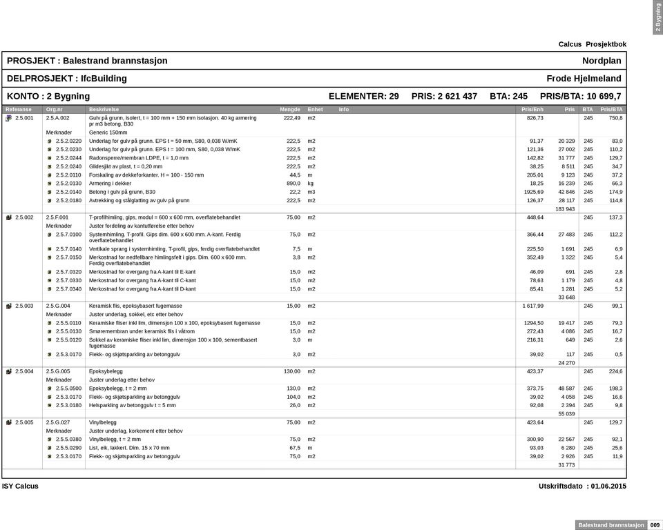 EPS t = 100 mm, S80, 0,038 W/mK 222,5 m2 121,36 27 002 245 110,2 2.5.2.0244 Radonsperre/membran LDPE, t = 1,0 mm 222,5 m2 142,82 31 777 245 129,7 2.5.2.0240 Glidesjikt av plast, t = 0,20 mm 222,5 m2 38,25 8 511 245 34,7 2.