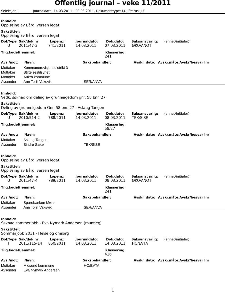 27 Deling av grunneigedom Gnr. 58 bnr. 27 - Aslaug Tangen U 2010/514-2 788/2011 14.03.