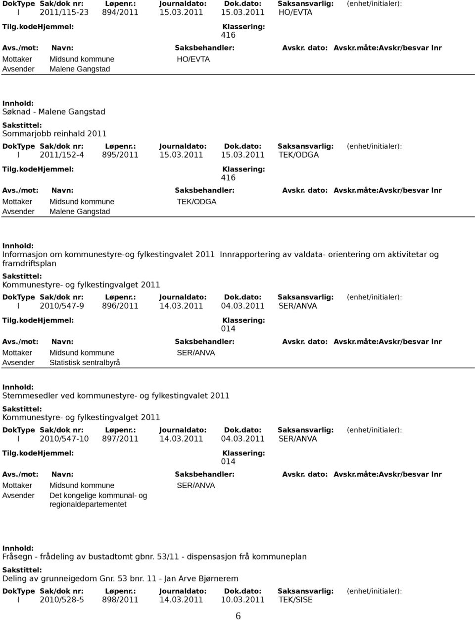 2011 HO/EVTA Avsender Malene Gangstad Søknad - Malene Gangstad Sommarjobb reinhald 2011 I 2011/152-4 895/2011 TEK/ODGA Mottaker Midsund kommune TEK/ODGA Avsender Malene Gangstad Informasjon om