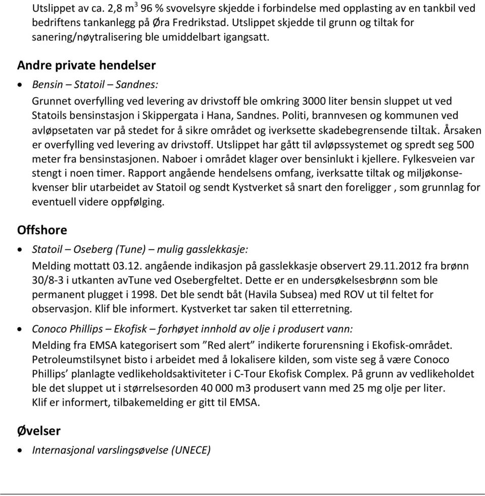 Andre private hendelser Bensin Statoil Sandnes: Grunnet overfylling ved levering av drivstoff ble omkring 3000 liter bensin sluppet ut ved Statoils bensinstasjon i Skippergata i Hana, Sandnes.