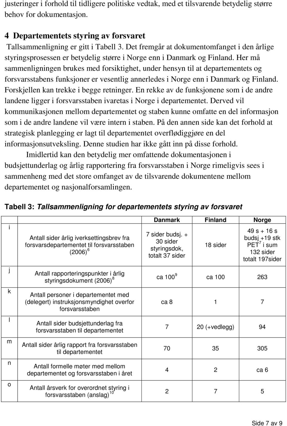 Her må sammenligningen brukes med forsiktighet, under hensyn til at departementets og forsvarsstabens funksjoner er vesentlig annerledes i Norge enn i Danmark og Finland.