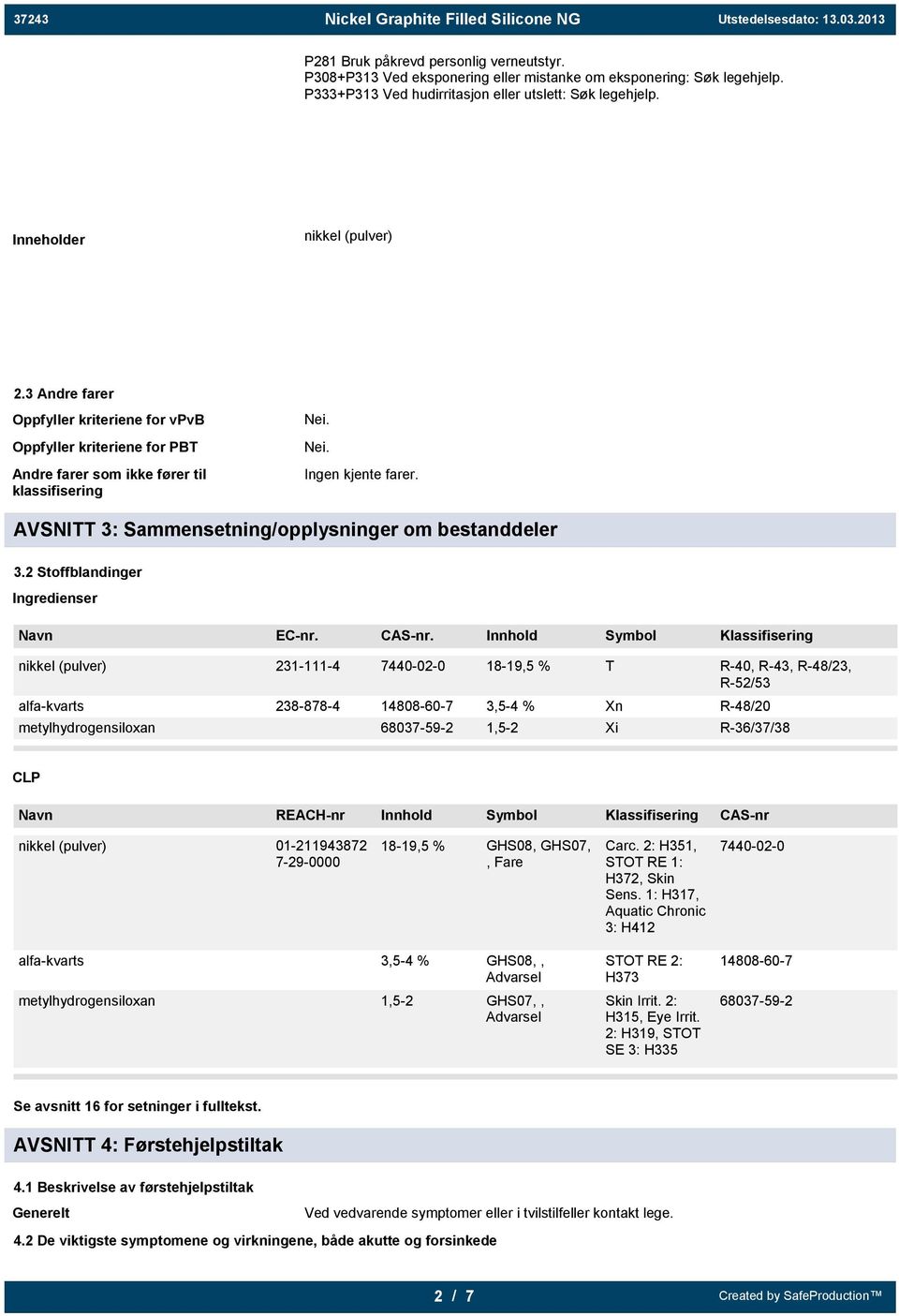 AVSNITT 3: Sammensetning/opplysninger om bestanddeler 3.2 Stoffblandinger Ingredienser Navn EC-nr. CAS-nr.