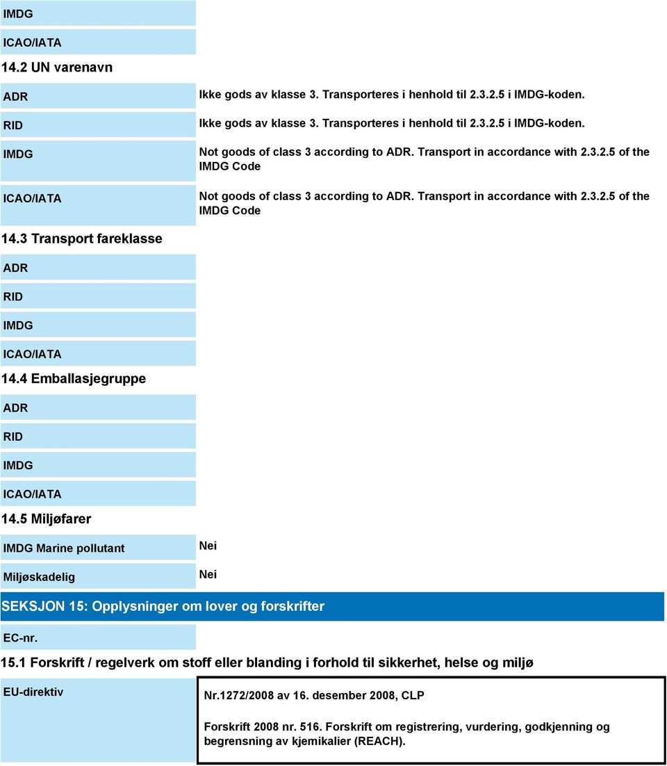 4 Emballasjegruppe ADR RID IMDG ICAO/IATA 14.5 Miljøfarer IMDG Marine pollutant Miljøskadelig Nei Nei SEKSJON 15: