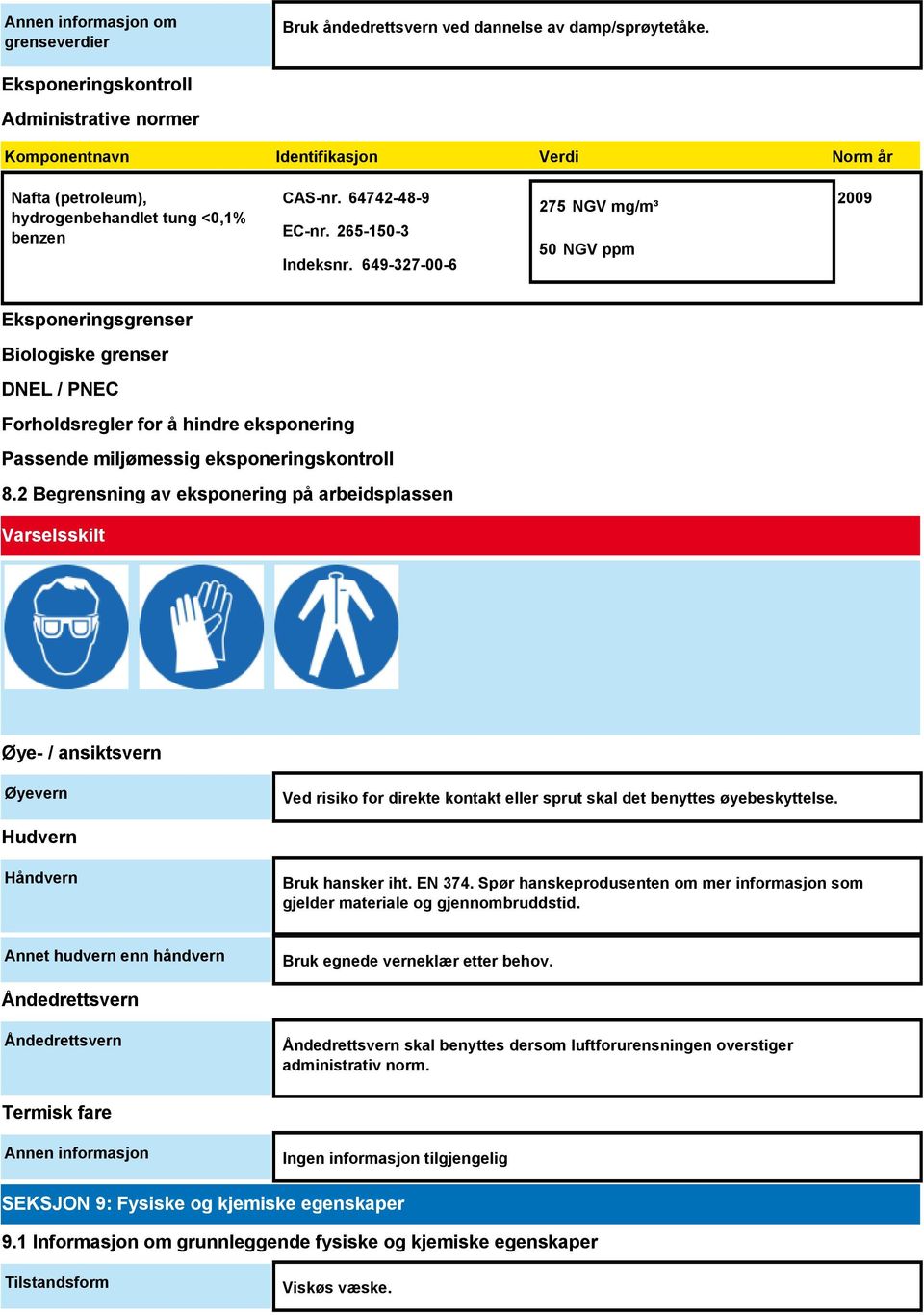 649-327-00-6 275 NGV mg/m³ 50 NGV ppm 2009 Eksponeringsgrenser Biologiske grenser DNEL / PNEC Forholdsregler for å hindre eksponering Passende miljømessig eksponeringskontroll 8.