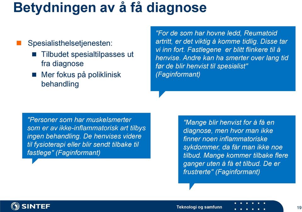 Andre kan ha smerter over lang tid før de blir henvist til spesialist" (Faginformant) "Personer som har muskelsmerter som er av ikke-inflammatorisk art tilbys ingen behandling.