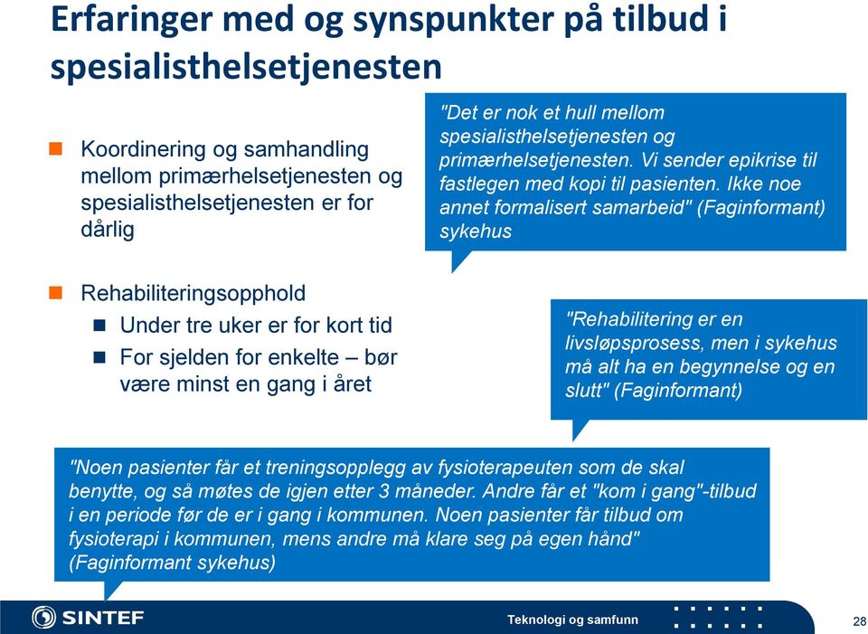 Ikke noe annet formalisert samarbeid" (Faginformant) sykehus Rehabiliteringsopphold Under tre uker er for kort tid For sjelden for enkelte bør være minst en gang i året "Rehabilitering er en