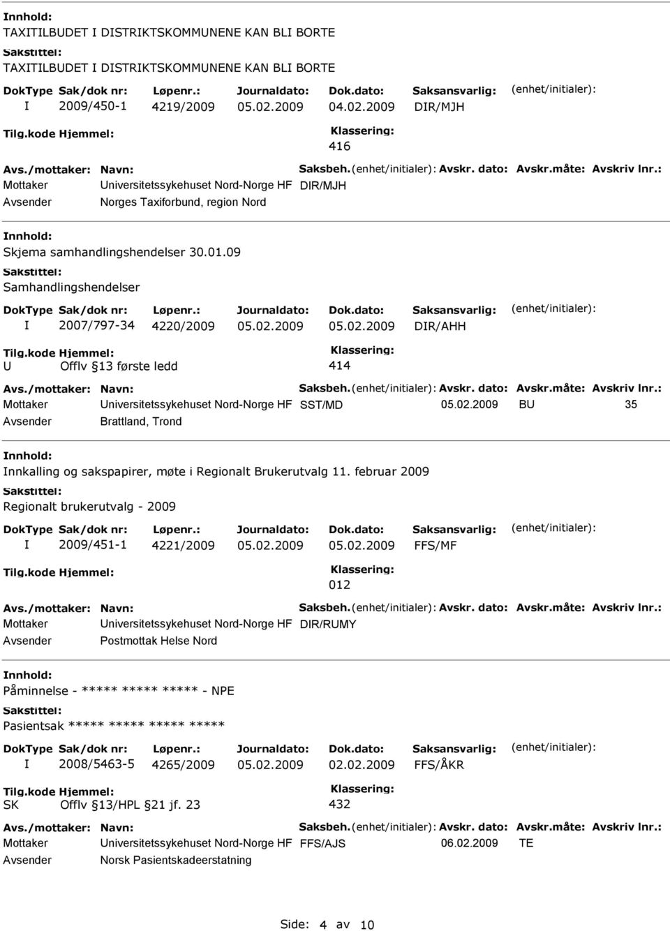 09 Samhandlingshendelser 2007/797-34 4220/2009 DR/AHH Offlv 13 første ledd 414 Mottaker niversitetssykehuset Nord-Norge HF SST/MD B 35 Avsender Brattland, Trond nnhold: nnkalling og sakspapirer, møte