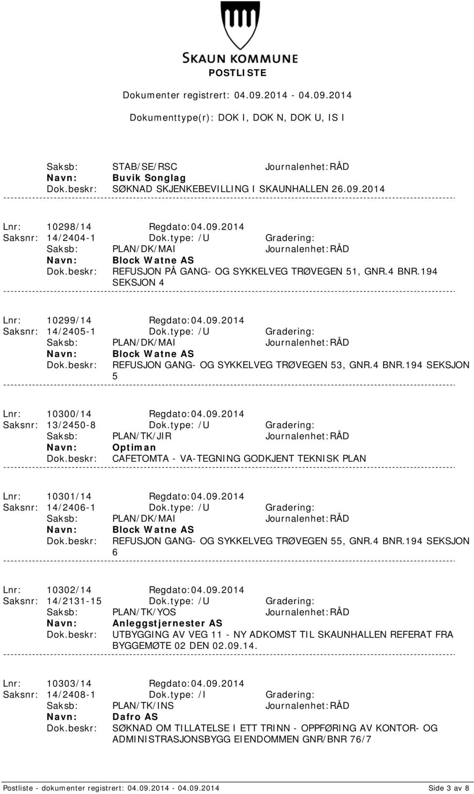 type: /U Gradering: Block Watne AS REFUSJON GANG- OG SYKKELVEG TRØVEGEN 53, GNR.4 BNR.194 SEKSJON 5 Lnr: 10300/14 Regdato:04.09.2014 Saksnr: 13/2450-8 Dok.