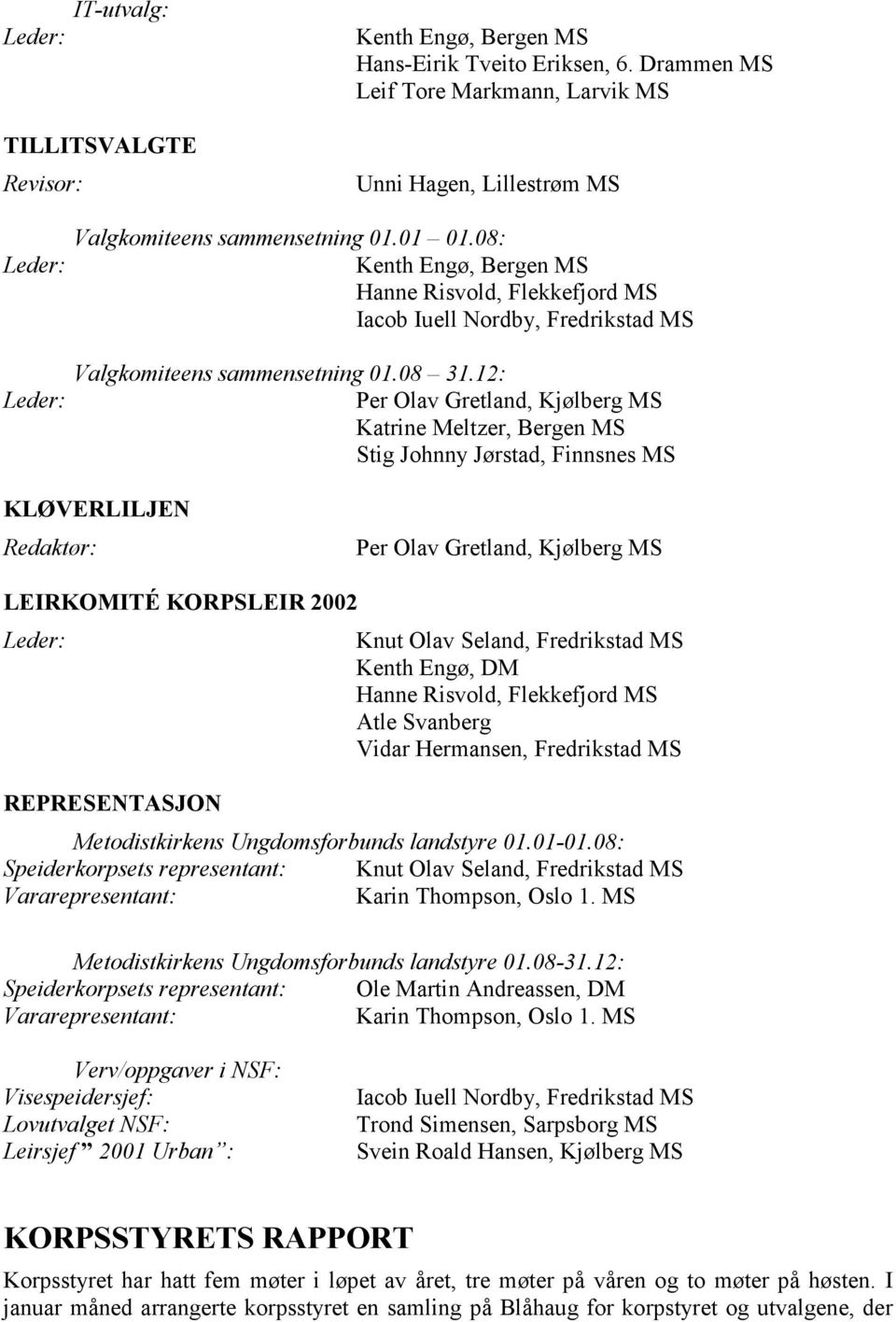 12: Katrine Meltzer, Bergen MS Stig Johnny Jørstad, Finnsnes MS KLØVERLILJEN Redaktør: LEIRKOMITÉ KORPSLEIR 2002 REPRESENTASJON Kenth Engø, DM Hanne Risvold, Flekkefjord MS Atle Svanberg Vidar