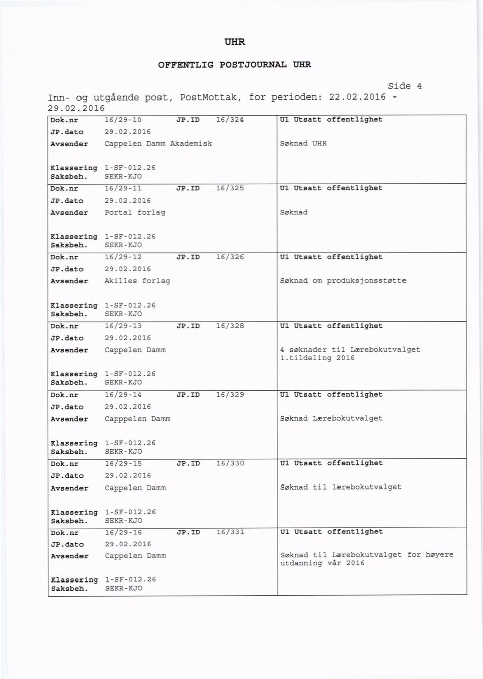 ID 16/326 Akilles forlag Søknad om produksjonsstøtte 16/29-13 Cappelen Damm JP.ID 16/328 Ul Uteatt offentlighet 4 søknader til Lærebokutvalget 1.