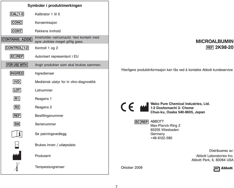 Ingredienser Ytterligere produktinformasjon kan fås ved å kontakte Abbott kundeservice Medisinsk utstyr for in vitro-diagnostikk Lotnummer Reagens 1 Reagens 2 Bestillingsnummer Serienummer