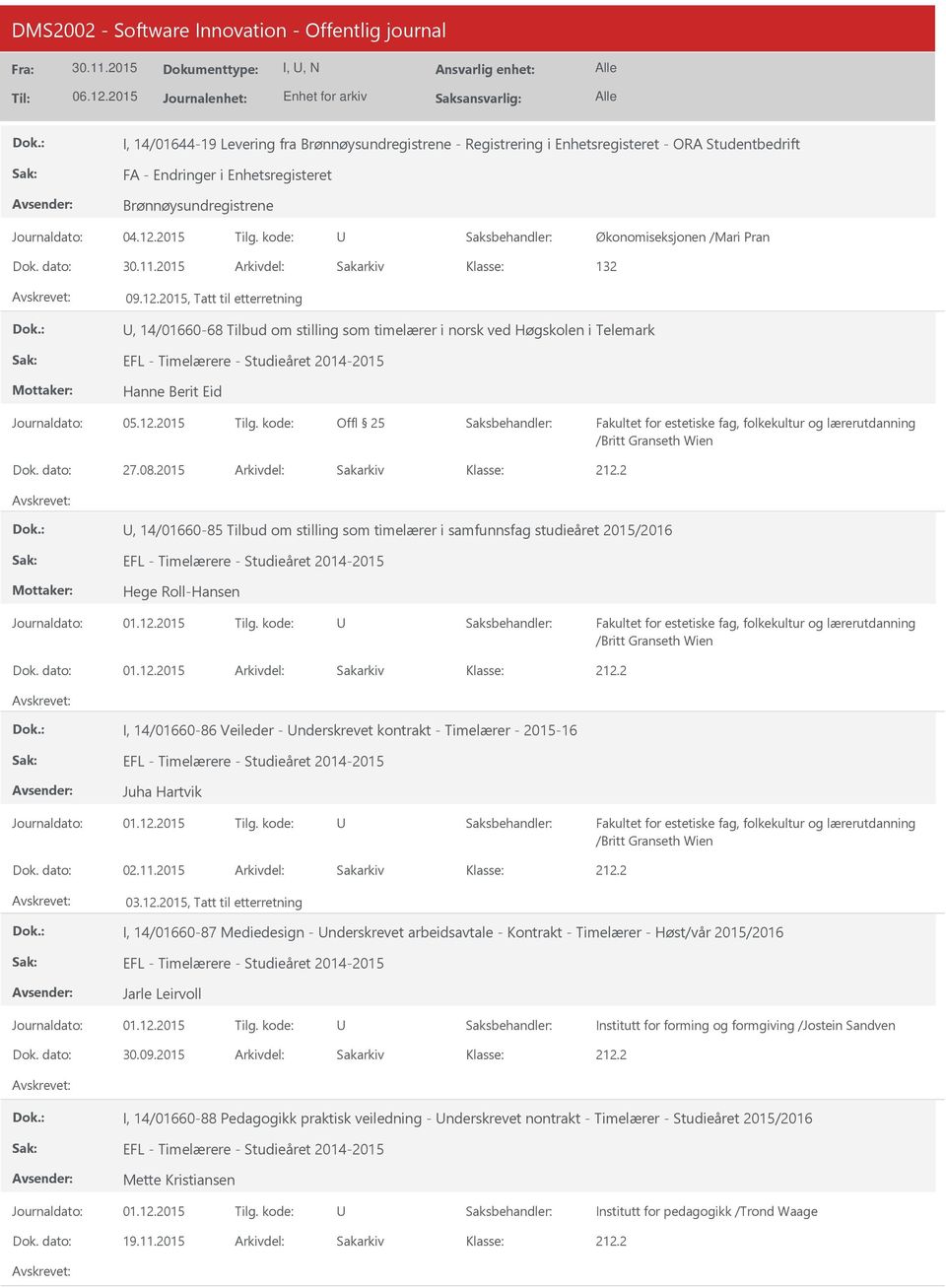 2015, Tatt til etterretning, 14/01660-68 Tilbud om stilling som timelærer i norsk ved Høgskolen i Telemark EFL - Timelærere - Studieåret 2014-2015 Hanne Berit Eid Offl 25 /Britt Granseth Wien Dok.