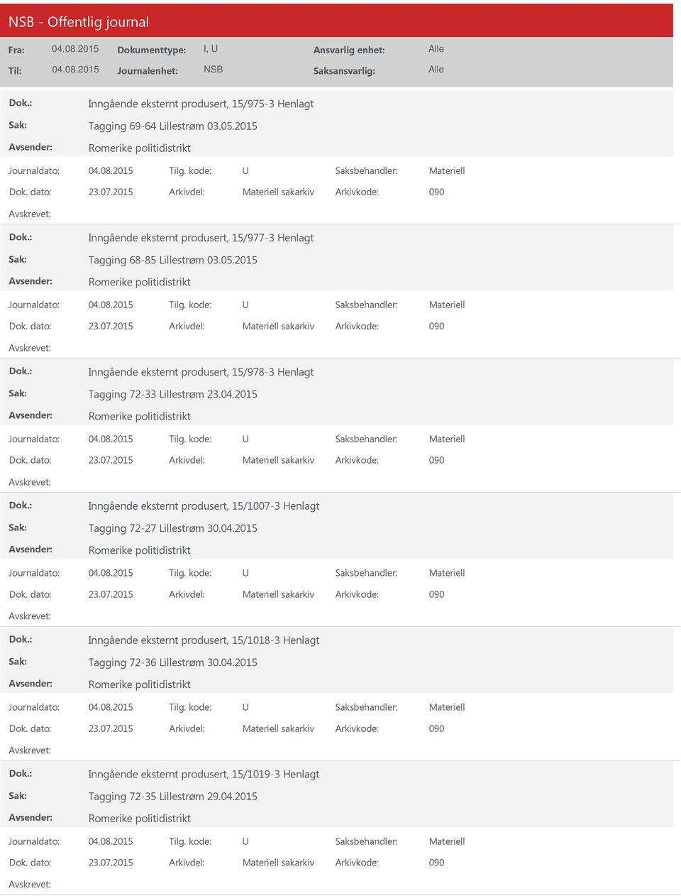 2015 Arkivdel: sakarkiv Arkivkode: 090 Inngående eksternt produsert, 15/978-3 Henlagt Tagging 72-33 Lillestrøm 23.04.2015 Dok. dato: 23.07.