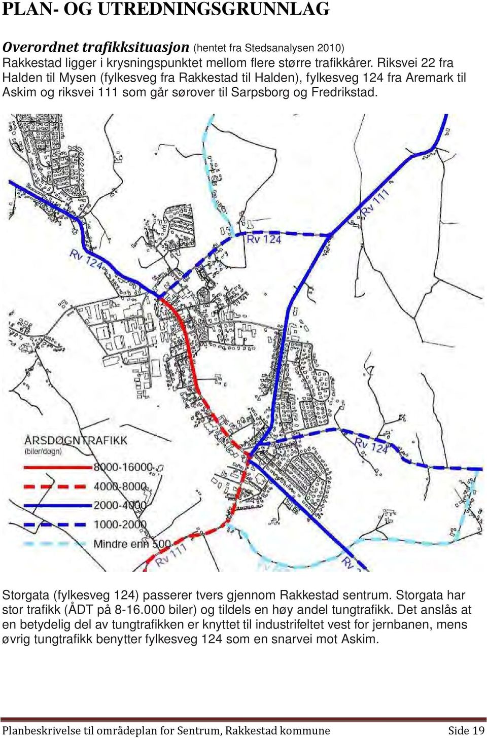 Storgata (fylkesveg 124) passerer tvers gjennom Rakkestad sentrum. Storgata har stor trafikk (ÅDT på 8-16.000 biler) og tildels en høy andel tungtrafikk.