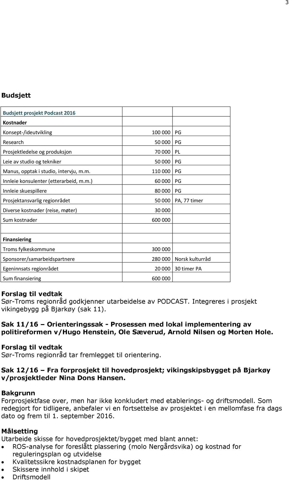 m. 110 000 PG Innleie konsulenter (etterarbeid, m.m.) 60 000 PG Innleie skuespillere 80 000 PG Prosjektansvarlig regionrådet 50 000 PA, 77 timer Diverse kostnader (reise, møter) 30 000 Sum kostnader