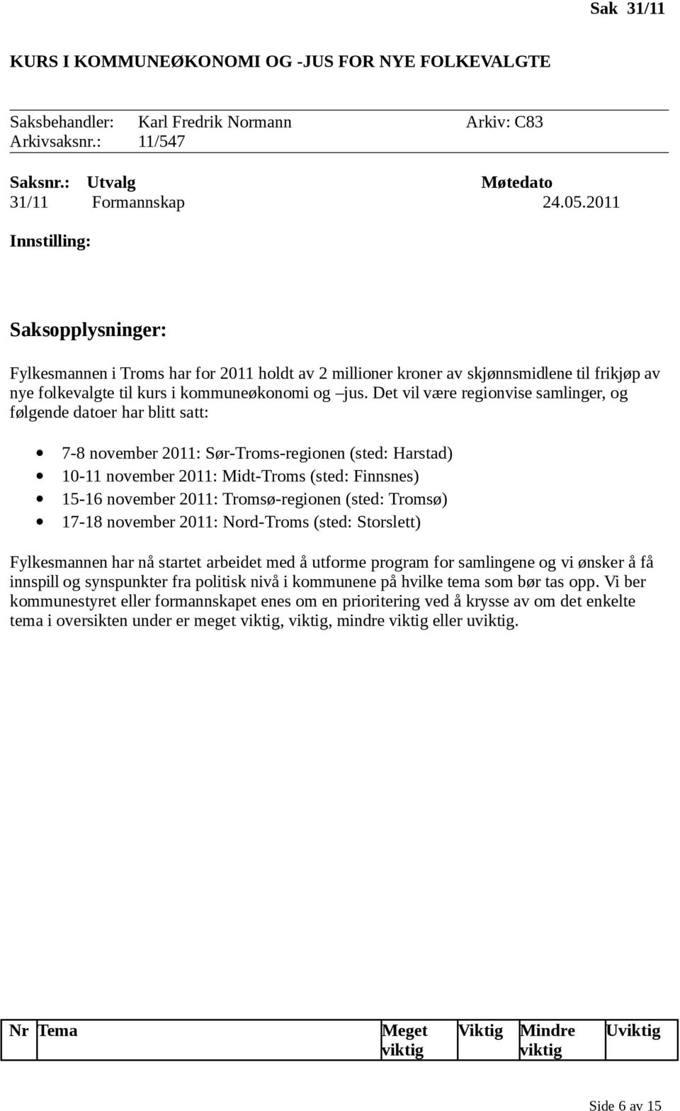 Det vil være regionvise samlinger, og følgende datoer har blitt satt: 7-8 november 2011: Sør-Troms-regionen (sted: Harstad) 10-11 november 2011: Midt-Troms (sted: Finnsnes) 15-16 november 2011: