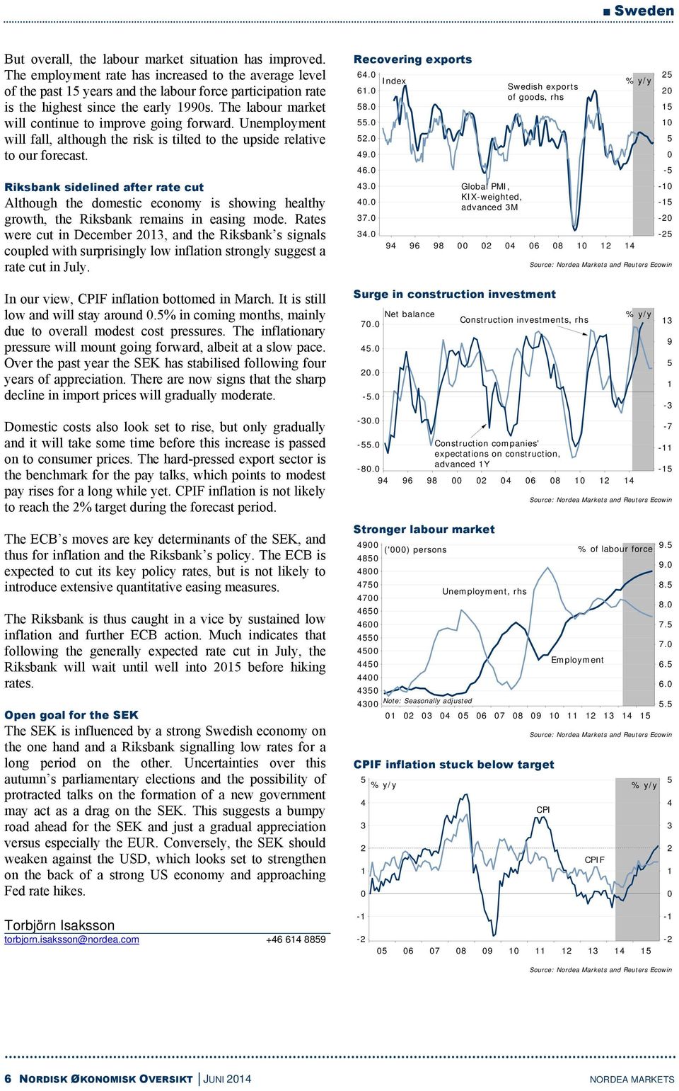 The labour market will continue to improve going forward. Unemployment will fall, although the risk is tilted to the upside relative to our forecast.