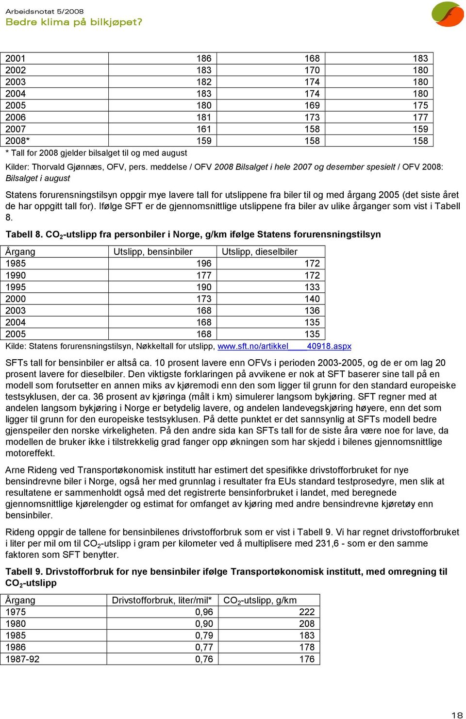 meddelse / OFV 2008 Bilsalget i hele 2007 og desember spesielt / OFV 2008: Bilsalget i august Statens forurensningstilsyn oppgir mye lavere tall for utslippene fra biler til og med årgang 2005 (det