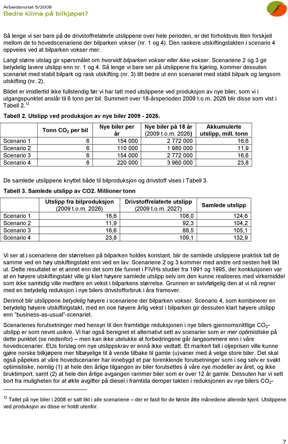 Scenariene 2 og 3 gir betydelig lavere utslipp enn nr. 1 og 4. Så lenge vi bare ser på utslippene fra kjøring, kommer dessuten scenariet med stabil bilpark og rask utskifting (nr.